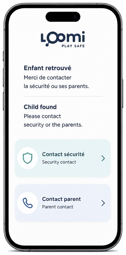Page Loomi après scan : contacter la sécurité ou un parent
