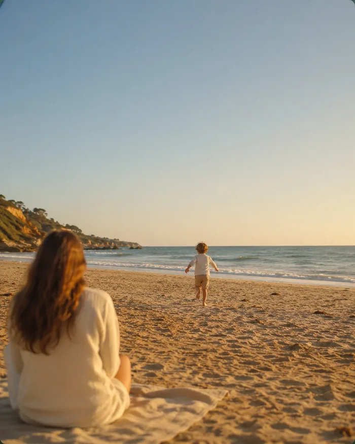 Famille à la plage, exemple d’utilisation d’un bracelet de sécurité enfant