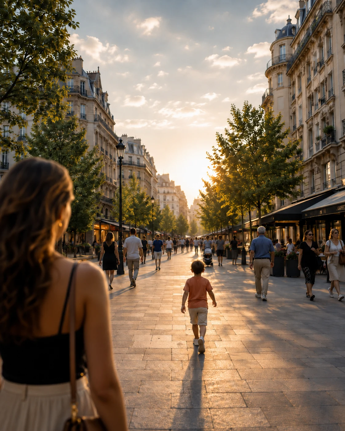 A mother watches her child walk along a busy pedestrian street in the city