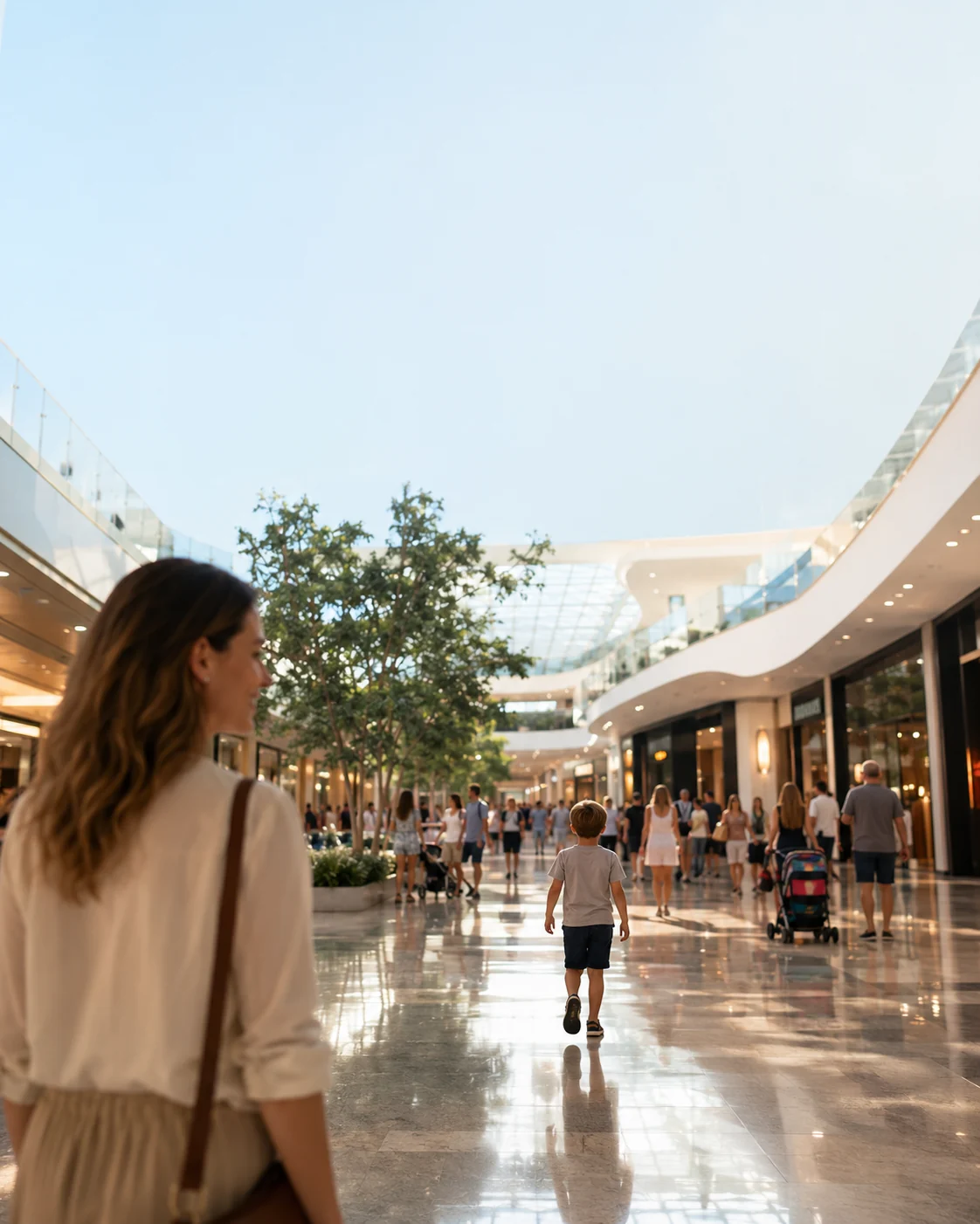 Un enfant marche devant son parent dans un centre commercial fréquenté
