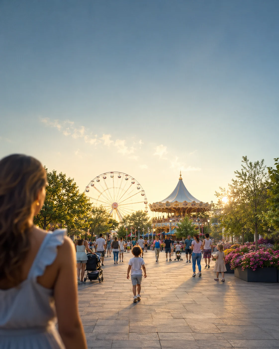 Un enfant avance dans un parc d’attractions animé