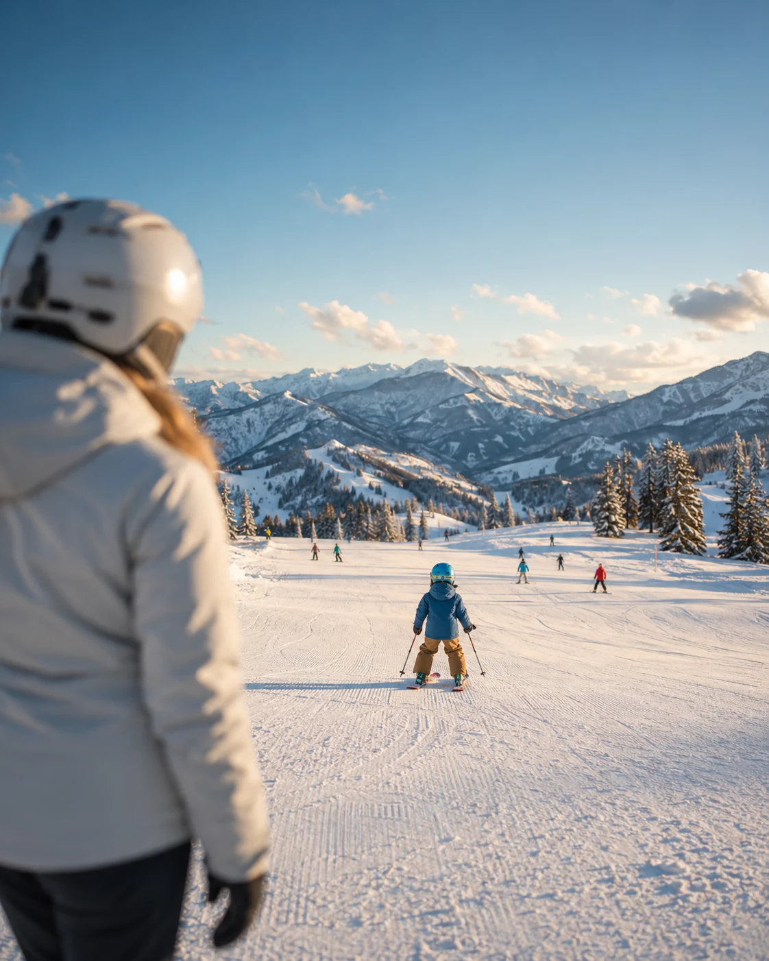 Un enfant skie devant son parent dans une station de montagne